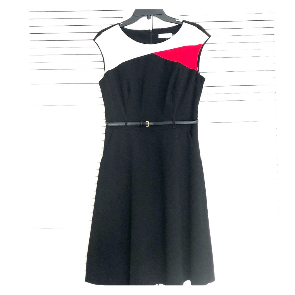 Sleeveless Black Dress with Red/White Color Block